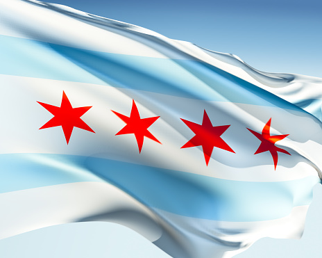 Chicago flag waving in the wind. Elaborate rendering including motion blur and even a fabric texture (visible at 100%).