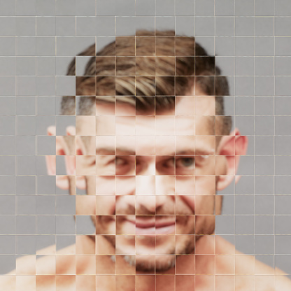 Broken image, diffracted through pixelated glass, of a  man, looking at the camera, that becomes an avatar