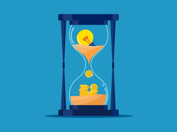 Vector illustration of Financial creativity. The light bulb in the hourglass turns into a pile of money