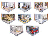 Set of slices of different detailed rooms in house, isolated on white background, 3d illustration
