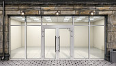 Store facade in an old building, empty space inside with nobody in, real estate for sale or rent, 3d illustration