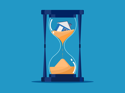 Time causes a house to depreciate. House in the hourglass. vector