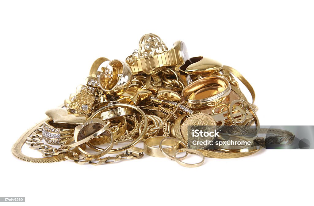 Pile of Gold Jewelry "Pile of Gold Jewelry - coins, chains, necklaces, earrings, rings and other scrap gold." Gold - Metal Stock Photo