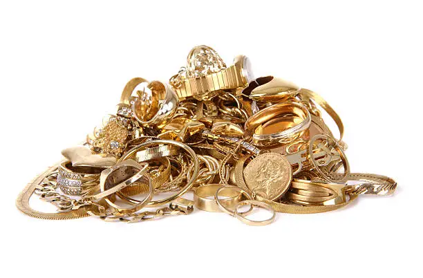 "Pile of Gold Jewelry - coins, chains, necklaces, earrings, rings and other scrap gold."
