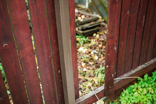 a loophole made in a modern wooden fence, outdoor shot, concept of  a perimeter breach