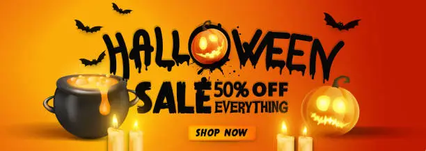 Vector illustration of Halloween sale vector background with 3d render style elements.