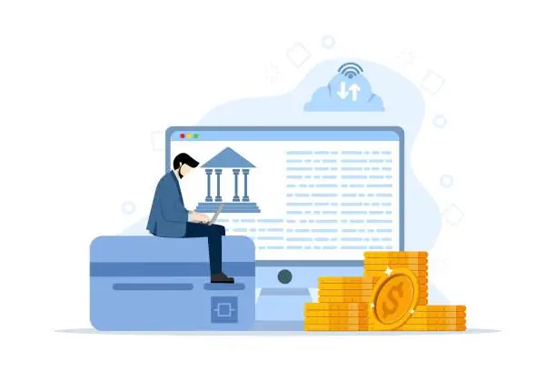 Vector illustration of Concept of open banking platform, corporate accounting, electronic invoice with tiny people. Collection of abstract vector illustrations of IT accounting systems. Business finance software.