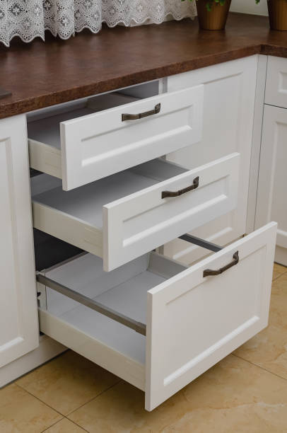istock White drawers in kitchen set. Open furniture drawers 1746510848