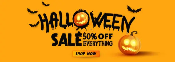 Vector illustration of Halloween sale vector background with 3d render style elements.