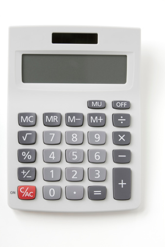 Standard calculator close up with sharp clipping path for the outline and the display.