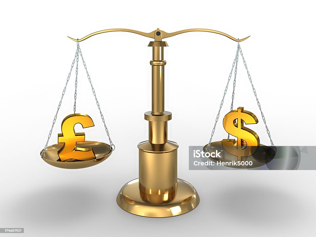 Currency symbols on scales with clipping path High quality 3d render with clipping path of Dollar and British Pound symbols on scales Interest Rate Stock Photo