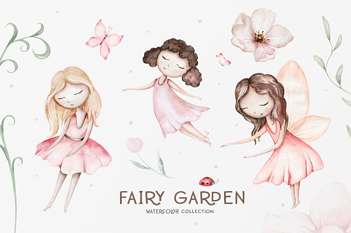 Fairy and Flowers watercolor isolated kids illustration for girls. Cartoon pink magic girl baby shower poster. Happy Birthday kid card.