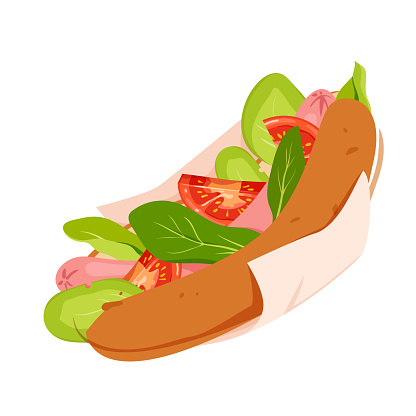 Hot dog with sausage and fresh vegetables vector illustration. Cartoon isolated sandwich bun with napkin wrap, hotdog filling of wieners, green leaves and sliced tomatoes, fast food restaurant menu