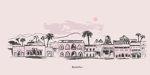 Hand drawn urban sketch of moroccan city buildings. Vector architecture illustration. Tourist attraction, skyline panorama. Arabic landmark tower. For travel background design.