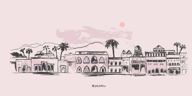 Hand drawn urban sketch of moroccan city buildings. Hand drawn urban sketch of moroccan city buildings. Vector architecture illustration. Tourist attraction, skyline panorama. Arabic landmark tower. For travel background design. marrakech stock illustrations