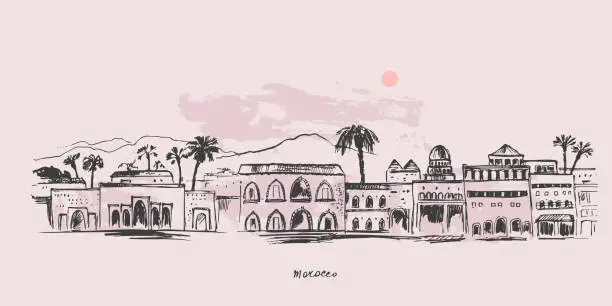 Vector illustration of Hand drawn urban sketch of moroccan city buildings.