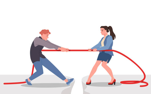 istock Tug of war between male and female office workers, young man and woman pull rope 1746527199