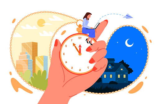 Cartoon human hand holding vintage clock with chain and woman sitting with laptop, night and day city scenes around. Circadian biological rhythms for work and leisure of person