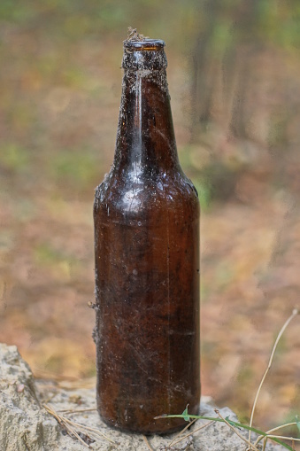 one old dirty brown glass bottle standing on a gray stump on the street