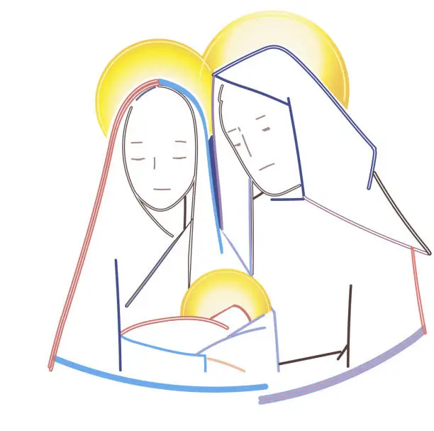 Vector illustration of Merry Christmas. the savior is born modern  line The Nativity with Mary and joseph in a manger with baby Jesus .  vector illustration design