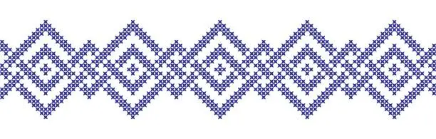 Vector illustration of Embroidered cross-stitch geometric rhombuses weaving seamless border pattern