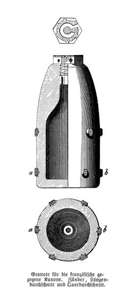 ilustraciones, imágenes clip art, dibujos animados e iconos de stock de proyectil de artillería francés para cañón estriado utilizado en la guerra franco-prusiana (1870-1871) - franco prussian war