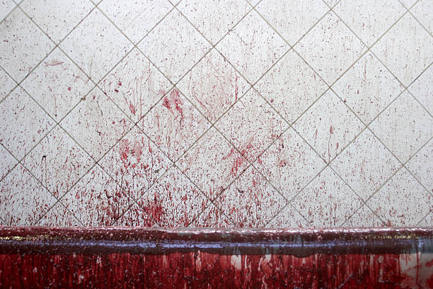 Blood staining on white tiled wall Bloody wall slaughterhouse photos stock pictures, royalty-free photos & images