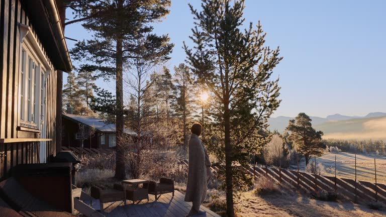 Female contemplating sunrise over mountains from house terrace in frosty forest in Norway