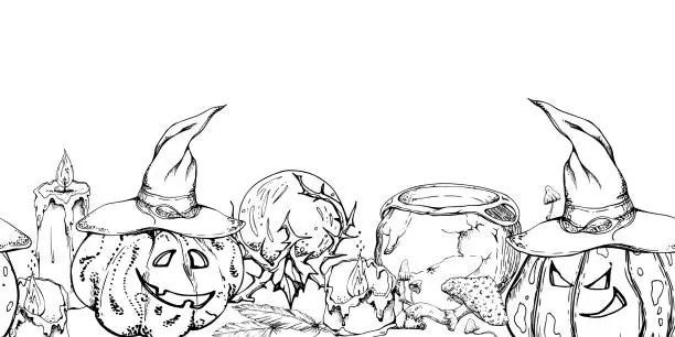 Vector illustration of Hand drawn ink vector witch altar carved pumpkin, mushroom isolated seamless banner. Sketch illustration art Halloween, witchcraft, occult, alchemy. Design shops, logo, print, website, card, booklet