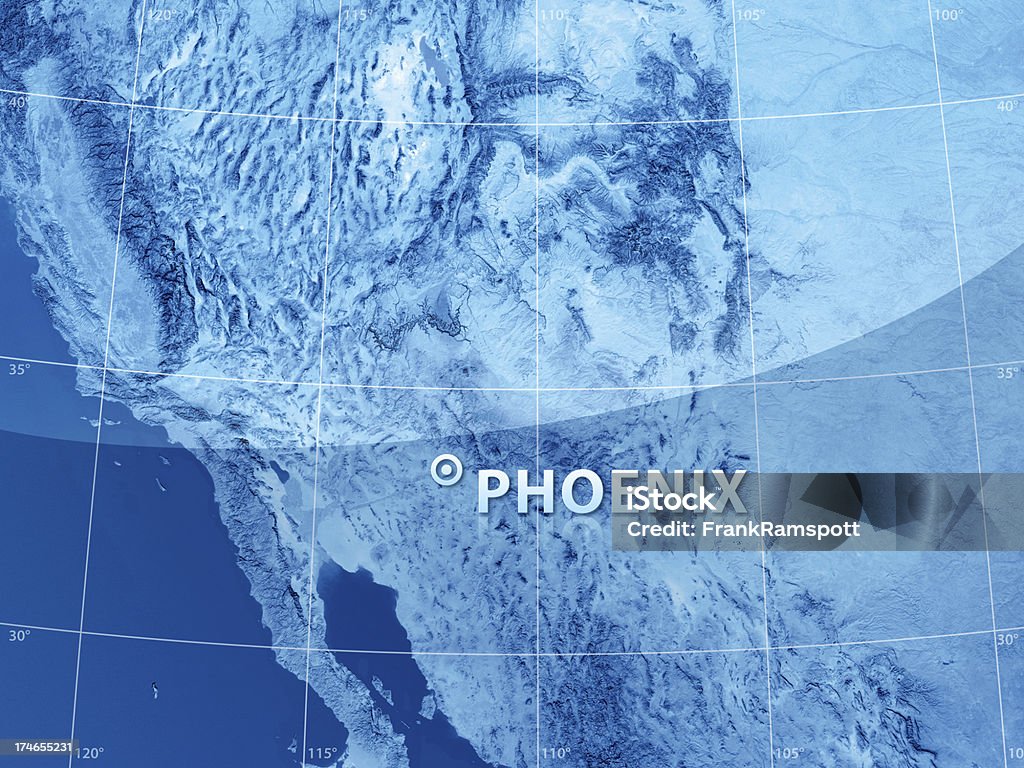 World City Phoenix Topographic Map with a marker at the city of Phoenix, Arizona, USA. 3D Rendering with accurate longitude and latitude. Very high resolution available! High quality relief structure! Arizona Stock Photo