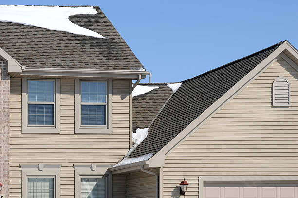 detalhe arquitetônico da casa; inverno, a neve, telhados triangulares, peças de vinil - siding house plastic roof - fotografias e filmes do acervo
