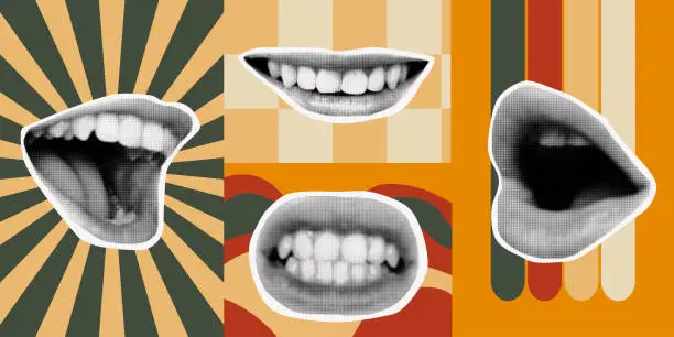 Vector illustration of Set of halftone collage stickers with lips, teeth and mouth.