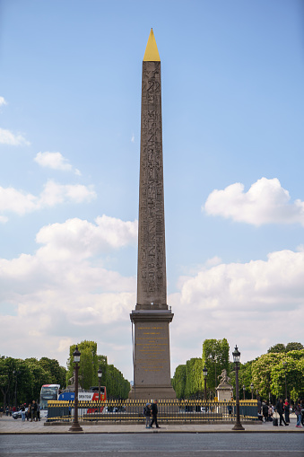 Luxor Obelisk (French: Obélisques de Louxor) at Place de la Concorde. PARIS - 29 APRIL, 2019