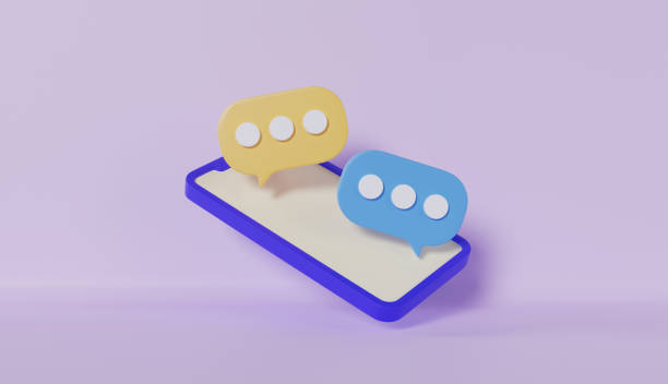 istock Yellow and blue speech bubbles on Phone with purple background 1746562878