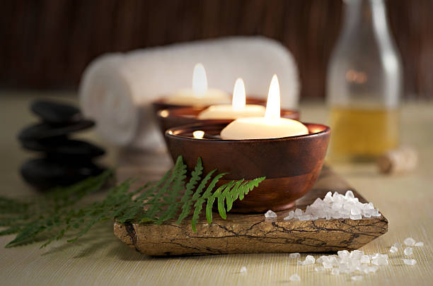 Floating Candles in a Zen Spa, Massage Stones and Oil stock photo