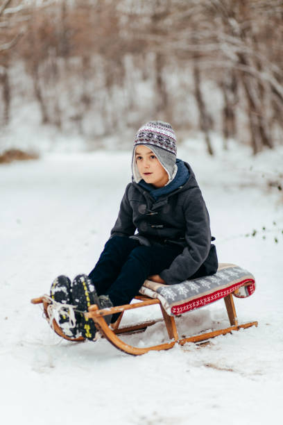 istock Sweet little boy sitting on a sledge and posing on a snowy day 1746569260