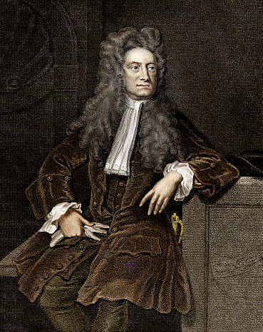 Vintage engraving of Sir Isaac Newton.  Engraving from 1856, photo and colour work by D Walker. He was an English physicist, mathematician, astronomer, natural philosopher, alchemist and theologian. His Philosophiæ Naturalis Principia Mathematica, published in 1687, is considered to be the most influential book in the history of science.