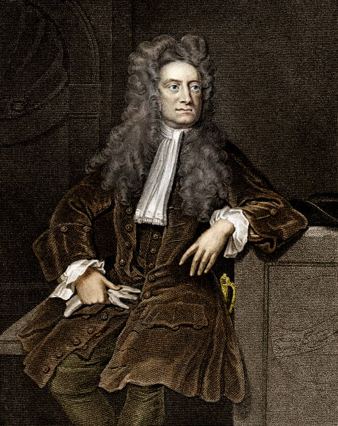 Sir Isaac Newton Vintage engraving of Sir Isaac Newton.  Engraving from 1856, photo and colour work by D Walker. He was an English physicist, mathematician, astronomer, natural philosopher, alchemist and theologian. His Philosophiæ Naturalis Principia Mathematica, published in 1687, is considered to be the most influential book in the history of science. 18th century style stock illustrations