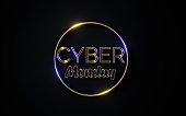 Cyber Monday Concept - Gold Colored Cyber Monday Text Inside Of  A Glowing Gold Circle Shape On Black Background