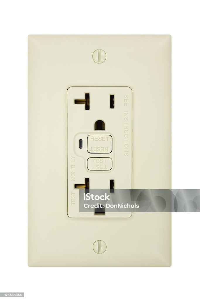 Electrical Outlet "Electrical Outlet isolated with clipping path. This is a GFCI (ground fault circuit interrupter) safety outlet.  This type of outlet constantly monitors electricity flowing in a circuit, to sense any loss of current. If the current flowing through the circuit differs by a small amount from that returning, the GFCI  trips, switching off power to that circuit. This helps to protect people from electrical shocks.Please also see:" Electrical Outlet Stock Photo