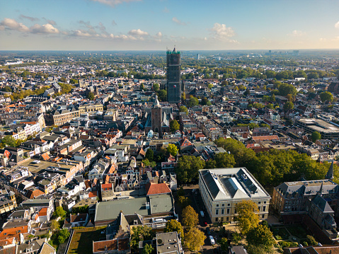 Drone picture of Dom Tower in Utrecht from the southwest side