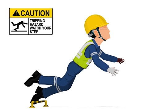 An industrial worker is tripping on white background