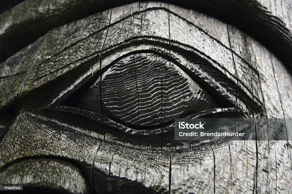 Sinister Face The eye of a native totem pole on the west coast of Canada. Totem Pole Stock Photo