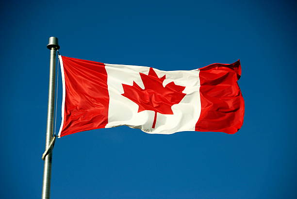 istock Canadian Flag Against Blue Sky 174659312