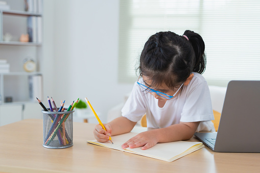 Asian baby girl wearing eyeglasses doing home using laptop and write notes in notebook to study online on wood table desk in living room at home. Education learning online from home concept.