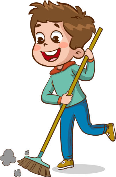 ilustrações de stock, clip art, desenhos animados e ícones de happy little children doing housework cleaning - domestic room child cartoon little boys