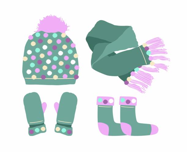冬のアクセサリーニット帽子スカーフミトンソックスライトグリーンのセット。白い背景にベクターフラットイラスト - scarf hat green glove点のイラスト素材／クリップアート素材／マンガ素材／アイコン素材