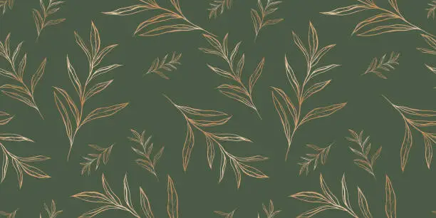 Vector illustration of Seamless pattern with hand drawn  gold leaves and branches.