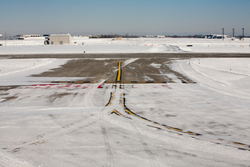 Snow scene at Chicago O'Hare international airport in winter.