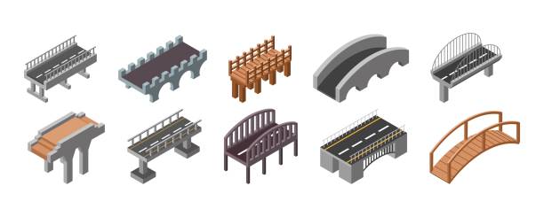 illustrations, cliparts, dessins animés et icônes de route isométrique 3d. construction de ponts. passerelle de la rivière. rail de viaduc en béton en perspective. en bois ou en pierre. pont-levis avec chaussée goudronnée. ensemble d’éléments de paysage de ville vectorielle - bridge stone bridge vector arch bridge